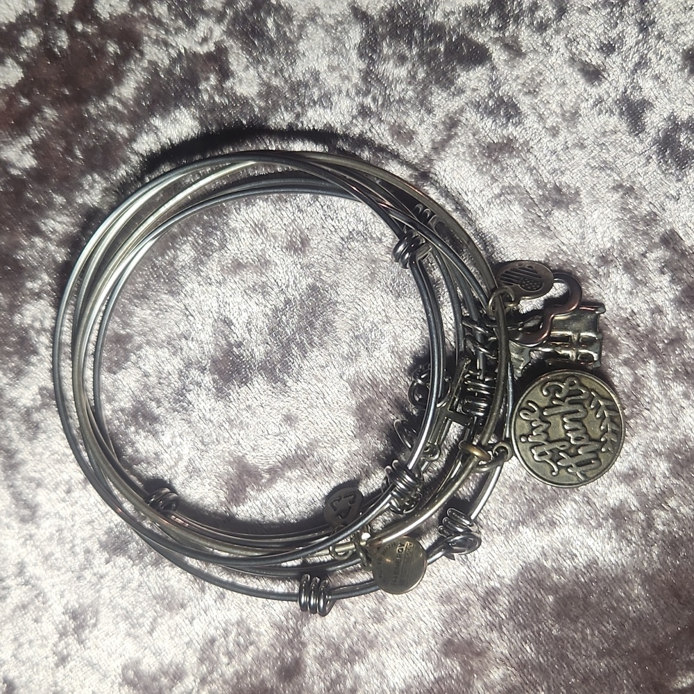 5 Alex & Ani Silver Bangles w/ Assorted Charms - Lot
